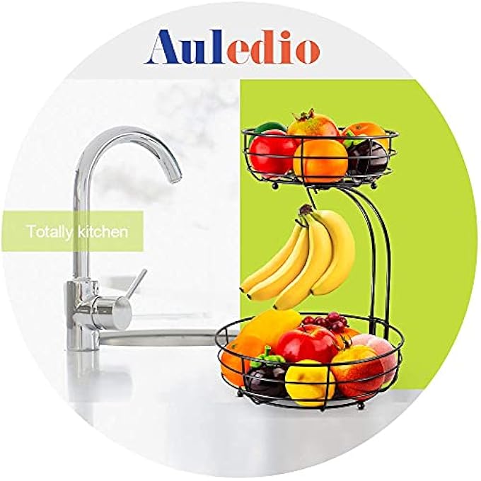 Auledio FRUIT BASKET FOR KITCHEN COUNTER, IRON 2-TIER COUNTERTOP FRUIT VEGETABLES BASKET BOWL STORAGE WITH BANANA HANGER, BLACK - Image 2